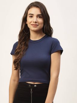 Femea - Navy Solid Cotton Round Neck Crop Top
