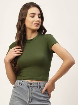Femea - Olive Solid Cotton Round Neck Crop Top