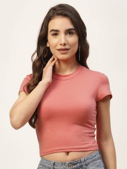 Femea - Peach Solid Cotton Round Neck Crop Top