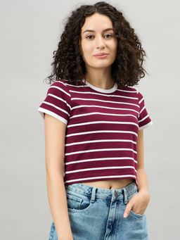 Femea - Maroon Striped Round Neck Cotton Crop Top