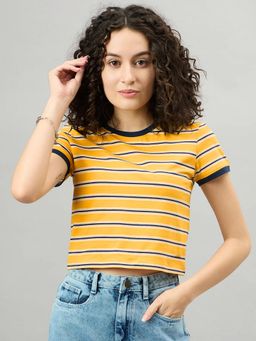 Femea - Yellow Striped Pattern Round Neck Cotton Top