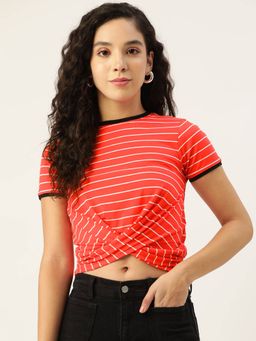 Femea - Women Red & White Pure Cotton Striped Twisted Crop Top