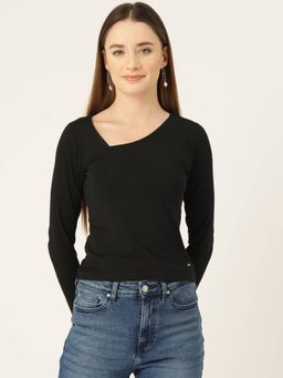 Femea - Black Asymmetric Neck Long Sleeves Cotton Fitted Top