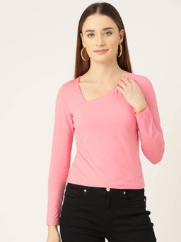 Femea - Baby Pink Asymmetric Neck Long Sleeves Cotton Fitted Top