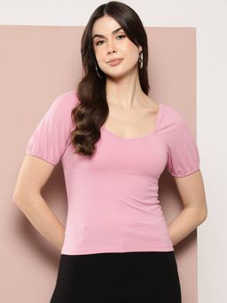 Femea - Sweetheart Neck Puff Sleeves Cotton Top