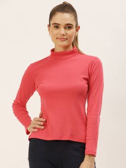 Femea - Women Rose Pink Solid Turtle Neck Pure Cotton Top