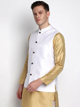 Devoiler - Men White Woven Floral Design Nehru Jacket
