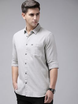 The Bear House - Men Grey Slim Fit Solid Flannel Cotton Casual Shirt