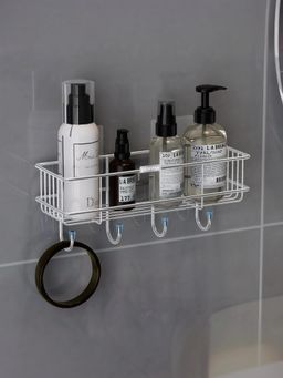 Plantex - Ss Self-Adhesive Multipurpose Bathroom Shelf with Hooks