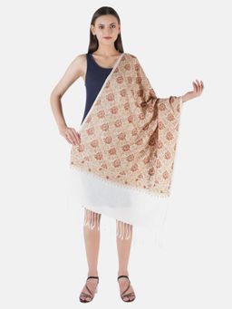 MUFFLY - Women Pashmina Fine Wool Zari Embroidery Work Stole White