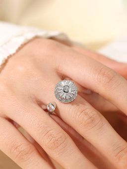 Designs & You - Silver Plated Round Shape Rotatable Adjustable White Ring