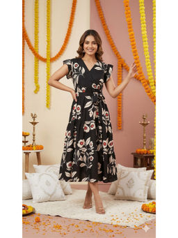 Cloth Bites - Black Floral Half Sleeves Dress with Belt