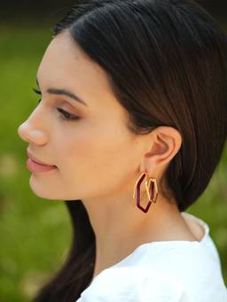 VARNIKA ARORA - Small Trio Maroon Enamel Gold Hoops Earrings