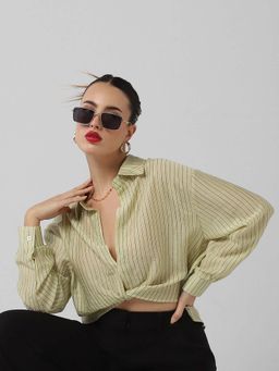 SHOWOFFFF - Classic Women Green Vertical Stripes Shirt Style Crop Top