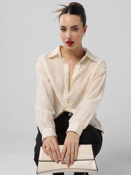 SHOWOFFFF - Women Cream Embellished Shirt Style Crop Top