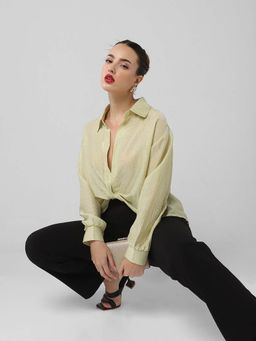 SHOWOFF - Classic Women Green Embellished Shirt Style Crop Top