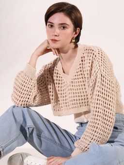 SHOWOFF - Women Beige Textured Fitted Crochet Crop Top with Over Top (Set of 2)