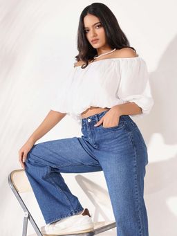 SHOWOFF - Classic Women White Solid Blouson Crop Top with Pearl Chain (Set of 2)