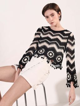 SHOWOFFFF - Women Black Geometric Crochet Top