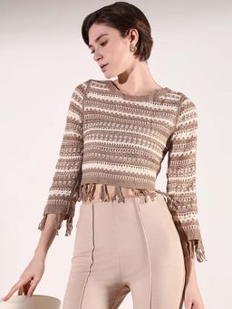 SHOWOFFFF - Women Beige Self Design Crochet Top