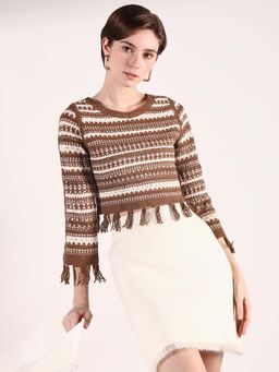 SHOWOFFFF - Women Brown Self Design Crochet Top