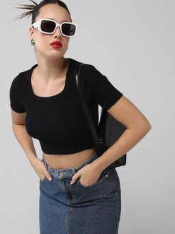 SHOWOFFFF - Basic Women Black Textured Crop Top