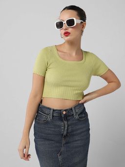 SHOWOFF - Basic Women Green Textured Crop Top