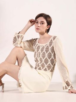 SHOWOFFFF - Women Beige Self Design Crochet Top