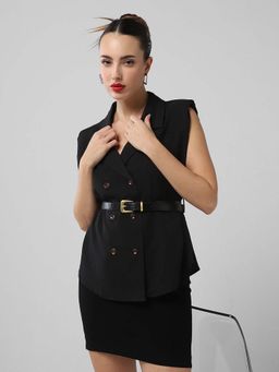 SHOWOFFFF - Edition Women Black Solid Blazer Top with Belt (Set of 2)
