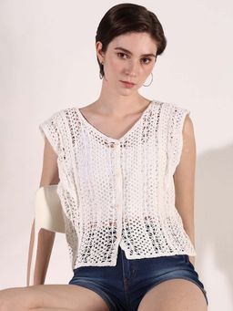 SHOWOFF - Women Off White Self Design Crochet Top