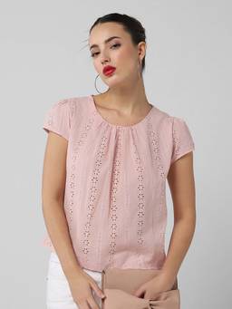 SHOWOFFFF - Basic Women Pink Self Design Schiffli Top