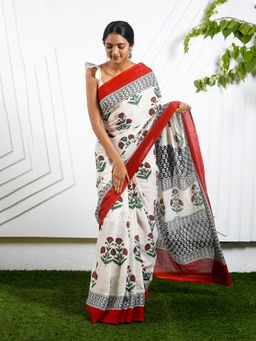 Teejh - Poppy Beige & Red Hand Block Mulmul Cotton Saree with Unstitched Blouse