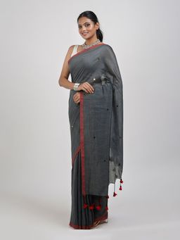 Teejh - Savali Grey Mulmul Saree with Unstitched Blouse