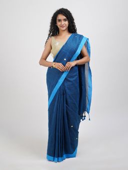 Teejh - Savali Blue Mulmul Saree with Unstitched Blouse