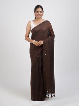 Teejh - Savali Brown Mulmul Saree with Unstitched Blouse