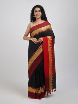 Teejh - Aachal Black & Red Soft Cotton Saree with Unstitched Blouse