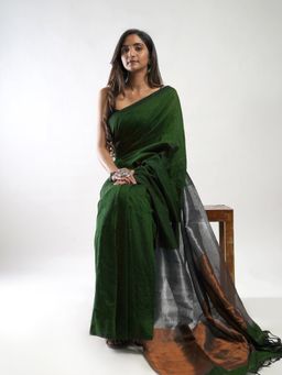 Teejh - Dimmed Green Hand-Woven Cotton Tissue Weaving Saree with Unstitched Blouse