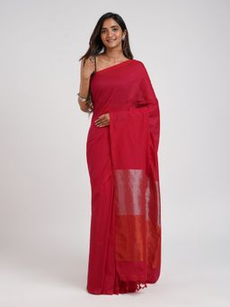 Teejh - Pink Punch Hand-Woven Cotton Tissue Saree with Unstitched Blouse