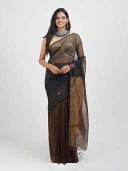 Teejh - Tasha Brown Muslin Silk Saree with Unstitched Blouse