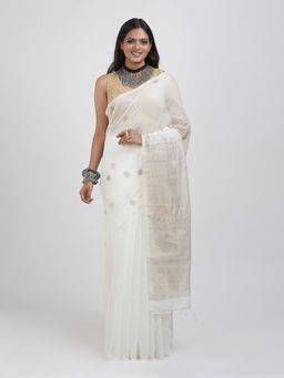 Teejh - Tasha Off White Muslin Silk Saree with Unstitched Blouse