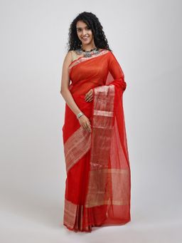 Teejh - Samara Red Organza Saree with Unstitched Blouse
