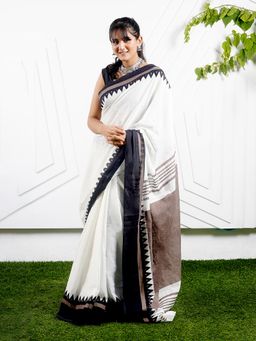 Teejh - Moonlight White & Brown Print Mulmul Cotton Saree with Unstitched Blouse