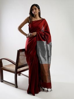 Teejh - Urja Maroon Hand Woven Cotton Tissue Saree with Unstitched Blouse