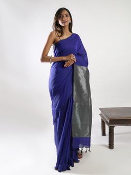 Teejh - Nysaa Navy Blue Hand Woven Cotton Tissue Weaving Saree with Unstitched Blouse