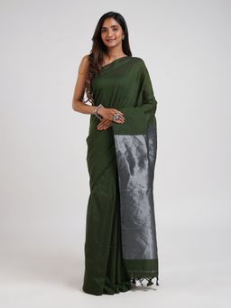 Teejh - Ovyaa Dark Green Hand Woven Tissue Weaving Saree with Unstitched Blouse