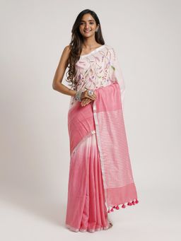 Teejh - Spring Sunshine Light Pink Linen Saree with Unstitched Blouse
