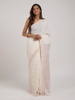 Teejh - Suhana Safar Off White Cotton Zari Jamdani Saree with Unstitched Blouse