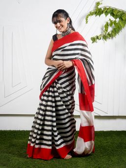 Teejh - Innayat Black & Red Stripes Print Mulmul Cotton Saree with Unstitched Blouse