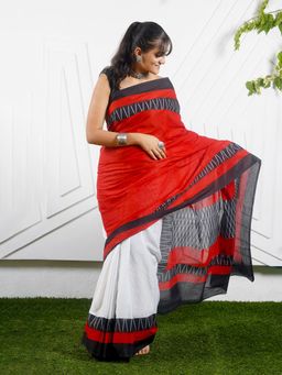 Teejh - Mishti White & Red Mulmul Cotton Saree with Unstitched Blouse