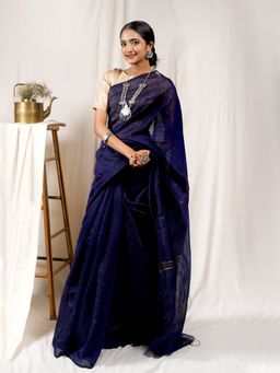 Teejh - Indigo Blue Box Handloom Sequin Saree with Unstitched Blouse